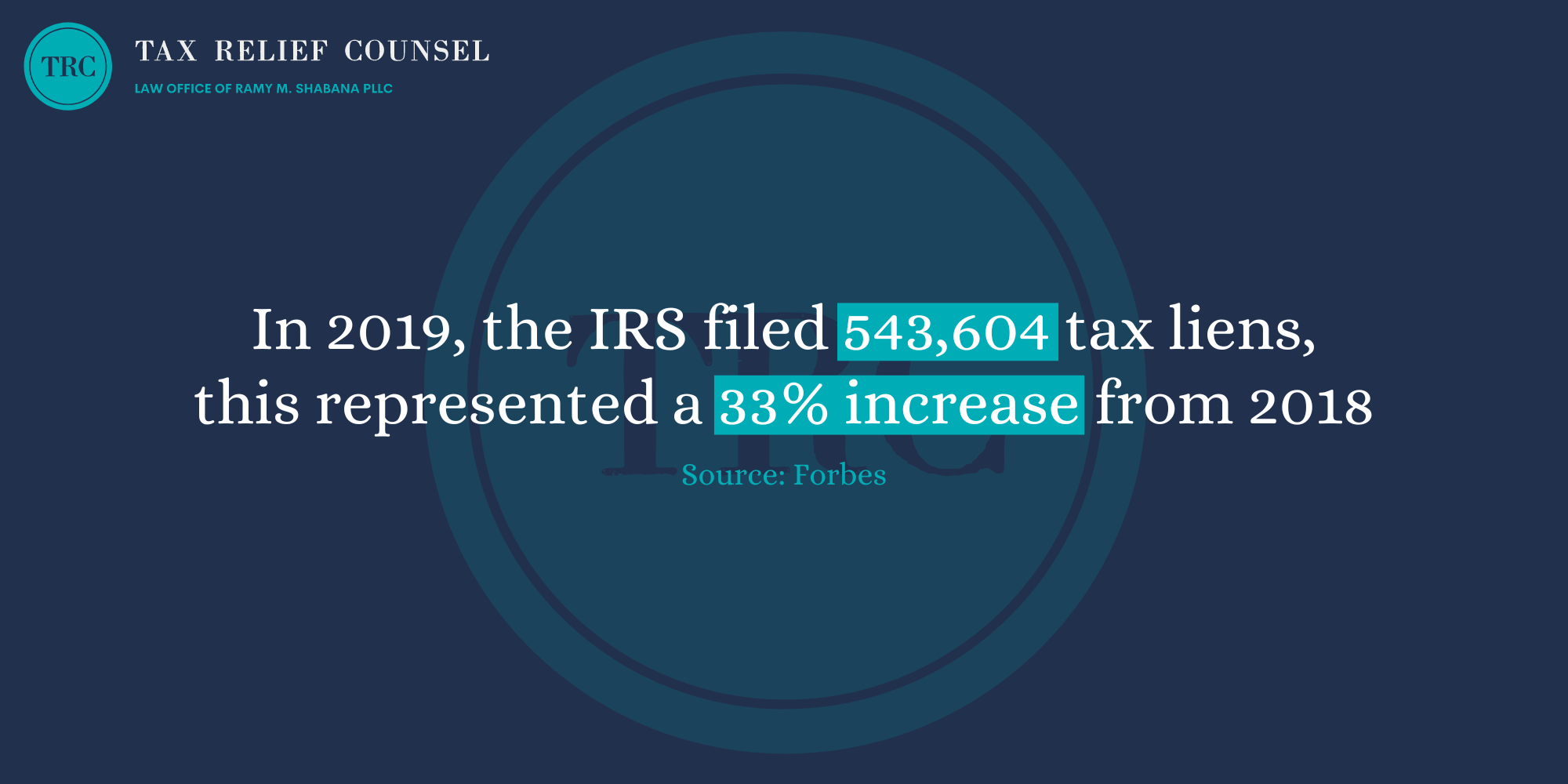 In 2019, the IRS filed 543,604 tax liens, this represented a 33% increase from 2018.